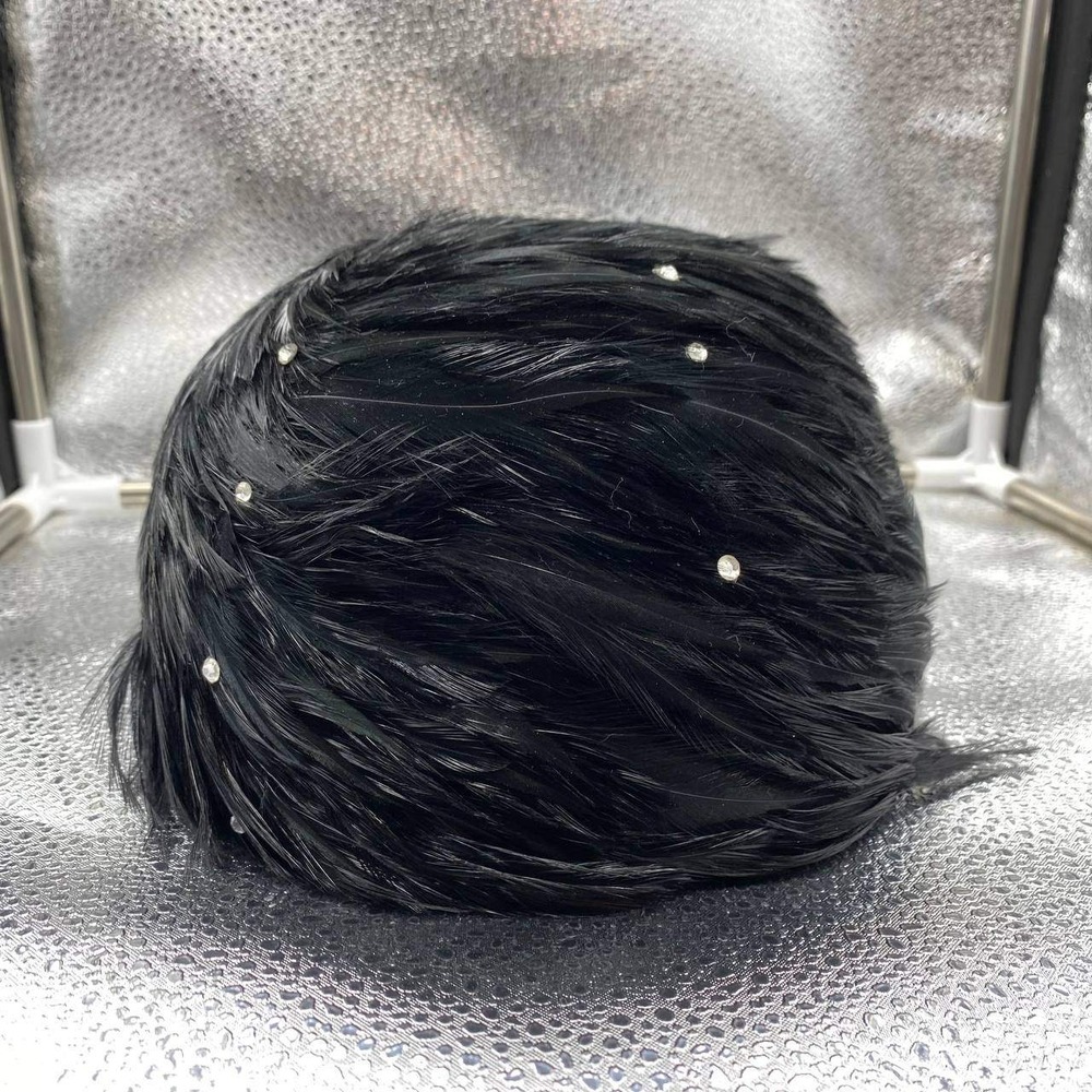 Elizabeth Hawkins Feather Pillbox Hat Womens OS Black Rhinestone Vintage Formal